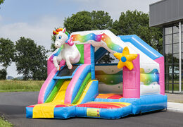 Buy inflatable slide combo unicorn-themed bouncy castle for kids. Order inflatable bouncy castles with slide now at JB Inflatables UK 