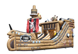 Pirate ship inflatable slide in a striking shape with cool 3D objects and full color prints for your children. Order inflatable slides now online at JB Inflatables UK