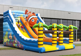 Buy a seaworld themed inflatable slide with fun 3D figures and colorful prints for children. Order inflatable slides now online at JB Inflatables UK