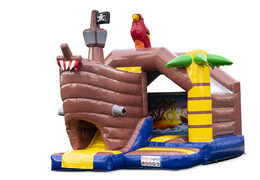 Inflatable slide combo bouncy castle in pirate theme for sale at JB Inflatables UK. Order inflatable bouncy castles with slide for kids