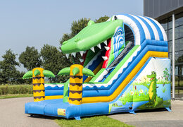 Spectacular inflatable slide in a crocodile theme with cheerful colors for children. Buy inflatable slides now online at JB Inflatables UK