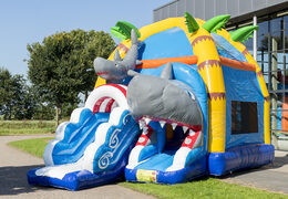 Order covered maxifun super bouncy castle with slide in shark theme for children. Buy inflatable bouncy castles online at JB Inflatables UK
