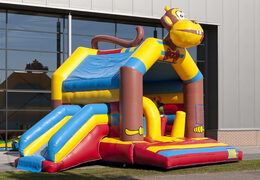 Order covered multifun bouncy castle with slide in monkey theme with 3D object at the top for both young and older children. Buy inflatable bouncy castles online at JB Inflatables UK