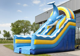 Unique multifunctional slide in a dolphin theme with a splash pool, impressive 3D object, fresh colors and the 3D obstacles for children. Buy inflatable slides now online at JB Inflatables UK