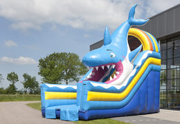 Inflatable multifunctional slide in shark theme with a splash pool, impressive 3D object, fresh colors and the 3D obstacles for kids. Buy inflatable slides now online at JB Inflatables UK