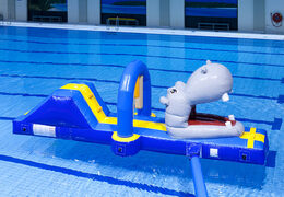 Inflatable hippo run obstacle course with fun objects for both young and old. Order inflatable obstacle courses online now at JB Inflatables UK