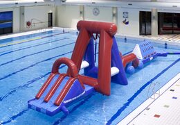 Order double inflatable Water obstacle run pool obstacle course with two climbing walls, a balancing object, a swing tower and a slide for kids. Buy inflatable obstacle courses online now at JB Inflatables UK