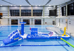 Order 13 meters long inflatable shark run swimming pool assault course in a unique design with funny 3D objects and no less than 2 slides for kids. Buy inflatable obstacle courses online now at JB Inflatables UK