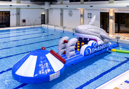 Order an inflatable shark-themed slide for both young and old. Buy inflatable water attractions online now at JB Inflatables UK