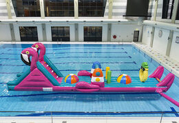Get airtight inflatable 12 meter long Flamingo Run swimming pool obstacle course in a unique design for both young and old. Order inflatable obstacle courses online now at JB Inflatables UK