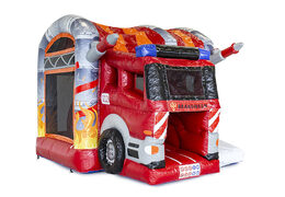 Mini inflatable multiplay bouncy castle in fire brigade theme for children. Order inflatable bouncy castles online at JB Inflatables UK
