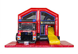 Order custom made Captian Jack Multiplay Fire Brigade Covered inflatable bouncy castle at JB Inflatables UK. Request a free design for inflatable bouncy castles in your own corporate identity now