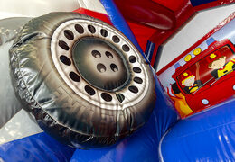 Inflatable slide combo bouncy castle in firefighter theme to buy at JB Inflatables UK. Buy inflatable bouncy castles with slide and red color for kids