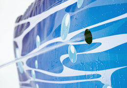 Unique inflatable IPS Splash Wall underwater theme - detail with a water spray at the top for both young and old. Buy inflatable IPS Splash Walls now online at JB Inflatables UK 