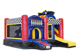 Multiplay bouncy castle in theme formula 1 with slide for children. Buy inflatable bouncy castles online at JB Inflatables UK