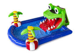 Buy large inflatable bouncy castle with water slide and pool in the mini park crocodile theme for children. Order inflatable bouncy castles online at JB Inflatables UK