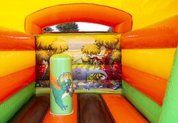 Mini roofed bouncy castle yellow and green in dinosaur theme to buy for children. Buy bouncy castles online at JB Inflatables UK 