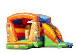 Small inflatable bouncer with roof and slide in party theme to buy at JB Inflatables UK online