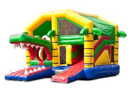 Buy an inflatable indoor multiplay bouncy castle with slide in a crocodile theme for children. Order inflatable bouncy castles online at JB Inflatables UK