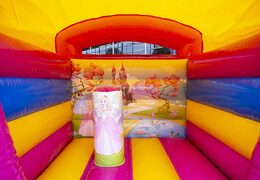 Small inflatable bouncy castle yellow and pink in princess fairytale theme to buy.  Buy bouncy castles at JB Inflatables UK online