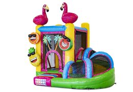 Buy a small indoor inflatable multiplay bouncy castle in the theme flamingo with slide for children. Order inflatable bouncy castles online at JB Inflatables UK