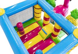 Buy mini inflatable flamingo-themed bouncer with slide for children. Order inflatable bouncers with slide online at JB Inflatables UK