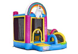 Mini inflatable multiplay bouncy castle in unicorn theme for children. Order inflatable bouncy castles online at JB Inflatables UK