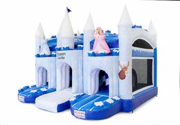 Buy large inflatable covered blue and white multiplay bouncy castle with slide in theme ice ice frozen for children. Order bouncy castles online at JB Inflatables UK