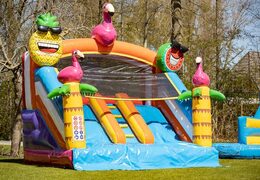 Multiplay splashy slide flamingo bounce house for kids at JB Inflatables UK. Buy inflatable bounce houses online at JB Inflatables UK