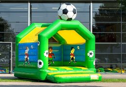 Order a standard bouncy castle in striking colors with a large 3D football object for children on top. Inflatables for sale online at JB Inflatables UK