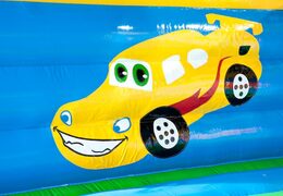 Big super bounce house covered with cheerful animations in car theme for children. Order bounce houses online at JB Inflatables UK