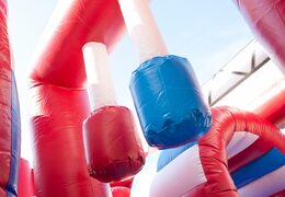 Buy medium inflatable multiplay bouncy castle in fire car theme with slide for kids. Order inflatable bouncy castles online at JB Inflatables UK