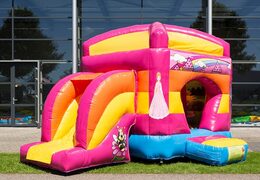 Klein overdekt opblaasbaar multiplay springkussen met slide kopen in thema prinses roze voor kinderen