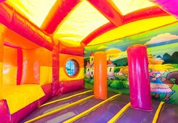 Klein overdekt opblaasbaar multiplay springkussen met glijbaan bestellen in thema prinses roze voor kinderen