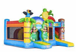 Opblaasbaar springkussen met glijbaan in tropical thema thema bestellen voor kinderen