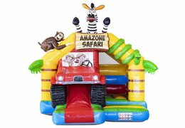 Opblaasbaar springkussen met glijbaan aan de voorkant volledig in Amazon Safari thema kopen voor kinderen