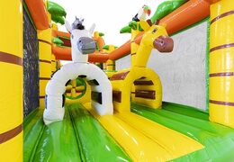 Buy a large bouncy castle obstacle course in safari theme with 3d animals on it for children