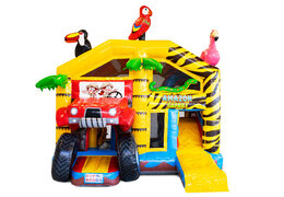 Buy inflatable air cushion with roof and slide in safari theme with 3d animals on top for children