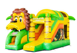 Buy covered inflatable Mini Multiplay bouncy castle with slide in the Lion theme for children. Order now inflatable bouncy castles at JB Inflatables UK