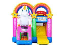 Order covered inflatable Mini Multiplay bouncy castle with slide in Unicorn theme for children. Buy inflatable bouncers now at JB Inflatables UK