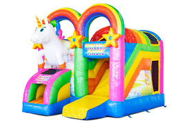 Buy covered inflatable Mini Multiplay bouncy castle with slide in Unicorn theme for children. Order now inflatable bouncy castles at JB Inflatables UK