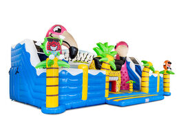 Bounce house with Hawaii theme featuring flamingos and palm trees