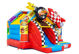 Slide combo bouncy castle in comic theme with rocket and bomb
