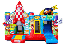 Multiplay bouncy castle with comic theme featuring rocket and cartoon characters