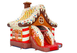 Side of Gingerbread house with candy winter theme inflatable bouncy castle