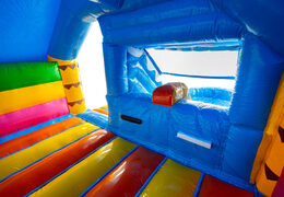 Interior of the inflatable castle Dubbelslide Slide Combo in blue, yellow, and orange