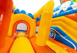 Inside bouncy castle with arches, pillars, and punching bags for sale at JB.