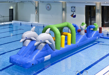 Cool dolphin themed pool run with challenging obstacle objects for both young and old. Order inflatable pool games now online at JB Inflatables UK
