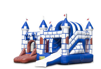 Buy indoor inflatable multiplay bouncy castle in theme blue and white castle with slide for children. Order inflatable bouncy castles online at JB Inflatables UK