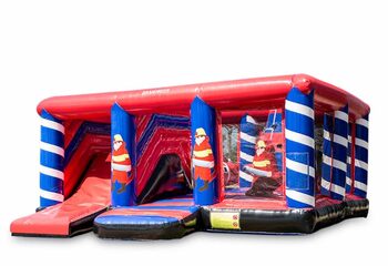 Buy a large inflatable open multiplay bouncy castle with slide in the fire department theme for children. Order inflatable bouncy castles online at JB Inflatables UK